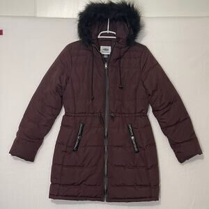 Old Navy Long Puffer Coat Womens Small Brown Winter Parka Fur Hood Insulated